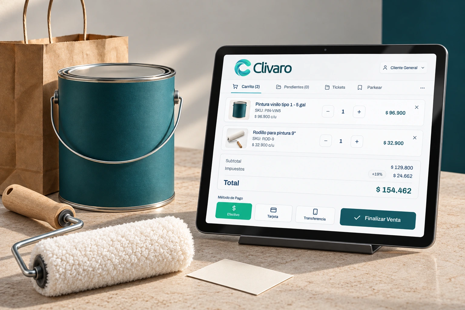 Paint and a roller on the counter, next to a tablet running Clivaro.