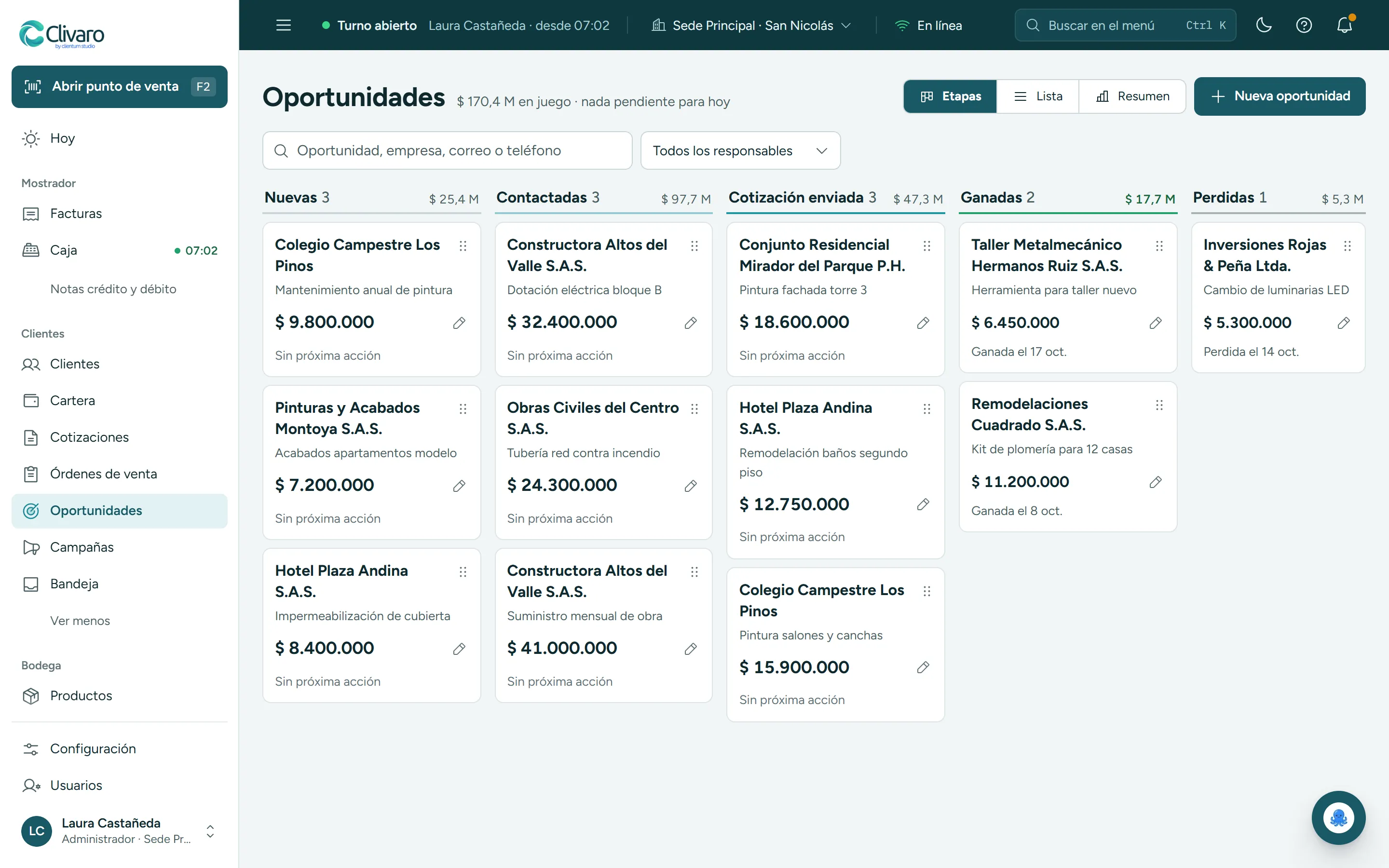 Clivaro’s CRM opportunity board with the stages New, Contacted, Quote sent, Won and Lost.