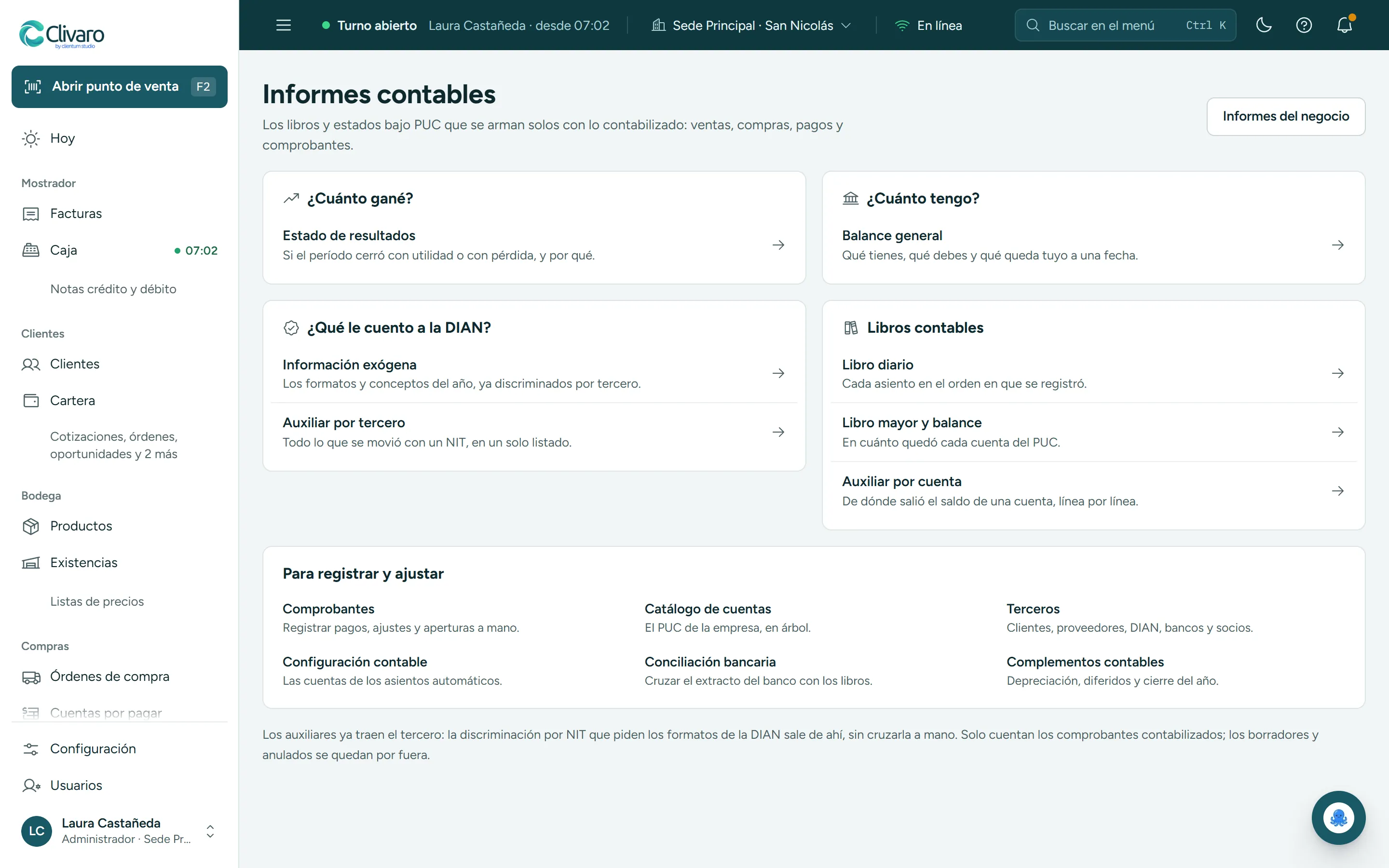 Informes contables de Clivaro: estado de resultados, balance general, exógena y libros contables.